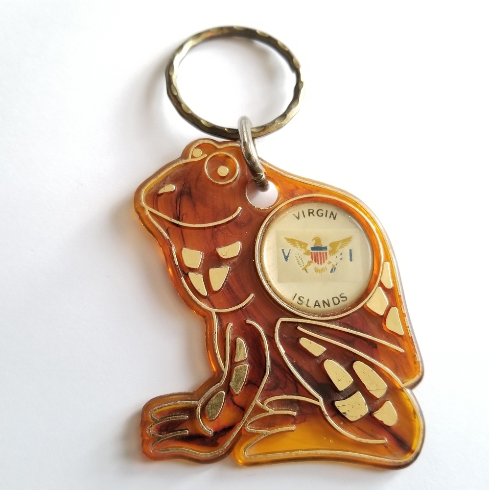 Vintage frog keychain Virgin Islands brown plastic us vi key ring